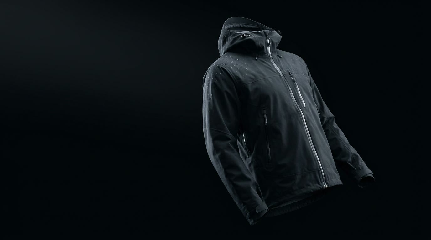 A dark technical shell jacket beaded with rain, floating against black